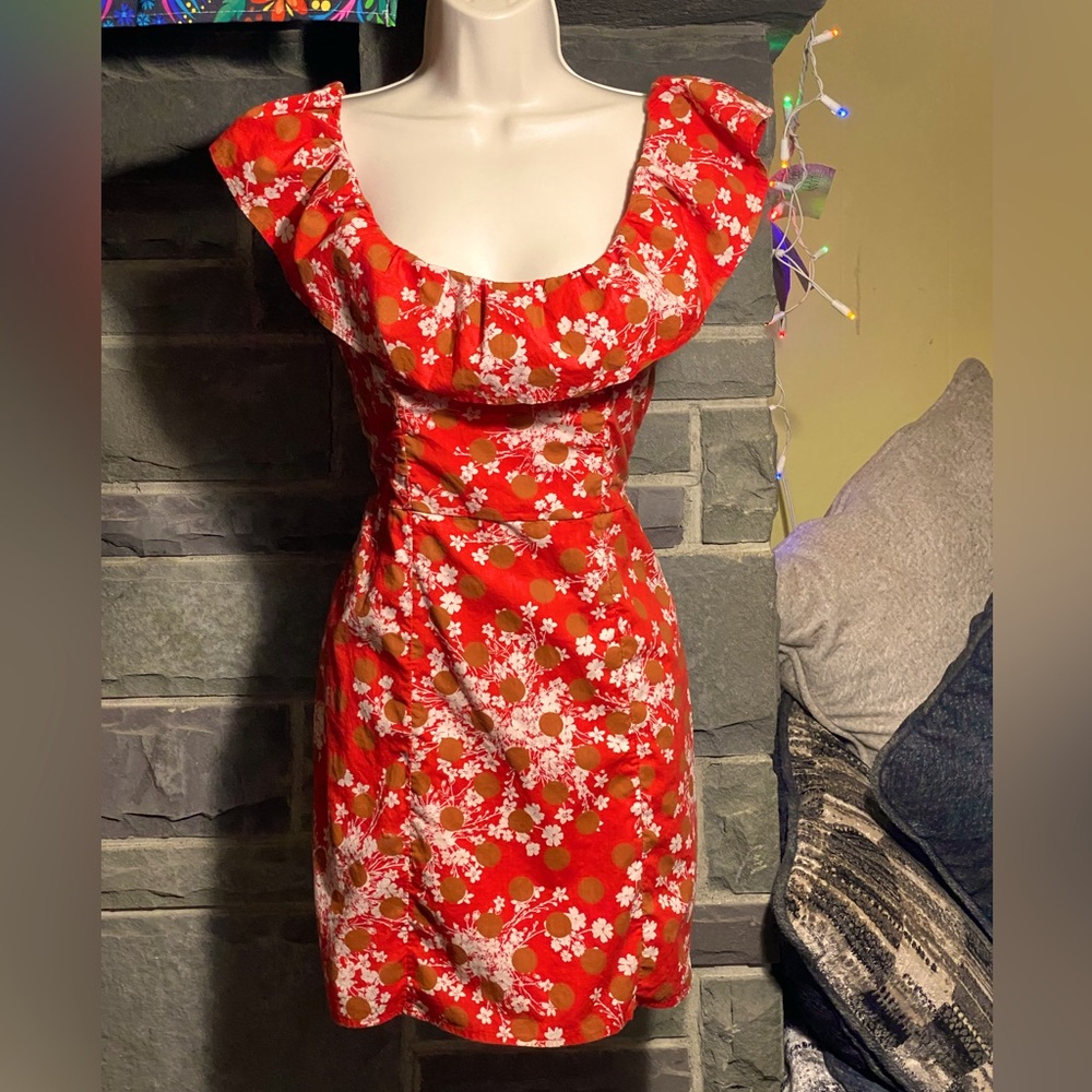 NWOT Free People dress,burnt orange/red cotton w/white flowers,gold dots, size 4
